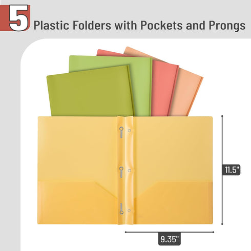 Mr. Pen- Plastic Folders with Pockets and Prong, 5 Pack, Assorted Colors, Pocket Folders, Folders with Prongs, File Folders with Fasteners, 2 Pock...