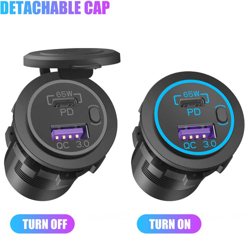 Boostable 12V USB C Outlet 65W PD3.0 Port and 18W Quick Charge 3.0 Car USB Charger Socket for Laptops Tablets Phones, Waterproof 12V/24V Socket wi...