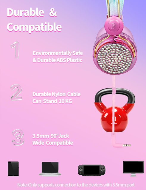Kids Unicorns Headphones with Mic for School/Travel,95dB Volume Limited,Shareport,On/Over Ear Wired Headsets with Nylon Cable-Hot Pink......