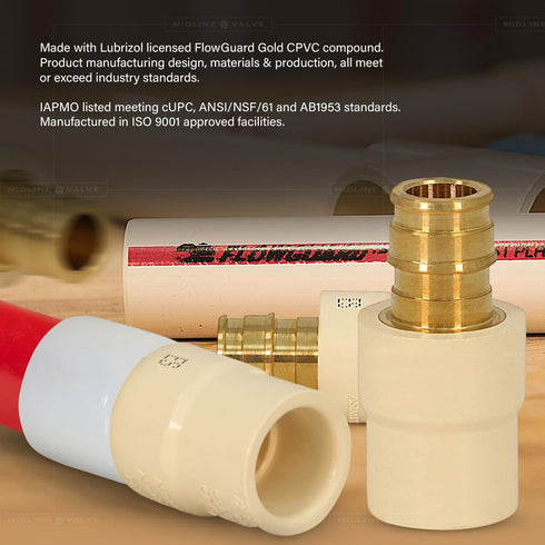 Midline Valve CSDQFG012-OM 1/2'' Expansion PEX x CPVC Adapter Pipe Fitting lead-free Brass, Single...