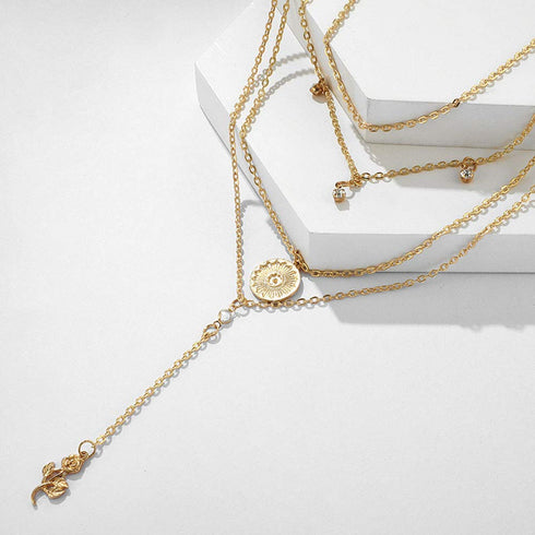 fxmimior 4 Tier Bohemia Flower Y Coin Layered Necklace Bar Charm Pendant Neckalce Delicate Station Chain Multilayer Dics Bar Choker Necklaces for ...