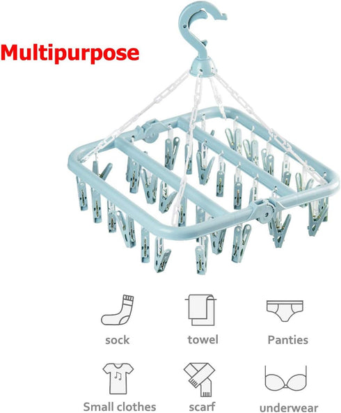 Laundry Hangers with 32 Clips,Clothespin Rack Foldable Laundry Drying Rack Drip Hanger for Drying Socks,Bras,Towel,Underwear,Hat,Scarf,Pants,Baby ...