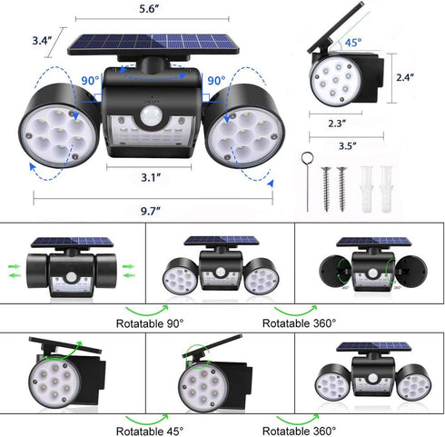 Solar Lights Outdoor, Motion Sensor Security Lights Solar Wall Lights with Dual Head Spotlights LED Waterproof 360° Adjustable Solar Motion Lights...