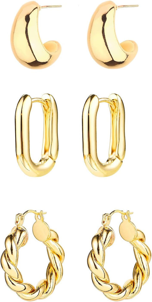 14K Gold Hoop Earrings for Women, Hypoallergenic Chunky Gold Hoop Earrings Multipack, Lightweight Twisted Huggie Hoops Earring Set Jewelry for Gif...