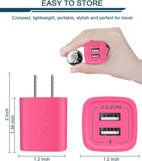 Wall Charger, AILKIN USB Plug Fast Charging Block, Power Adapter Cube 2 Port Charge Travel Brick Cell Quick Chargers Box for iPhone 15/14/13/12 Pr...