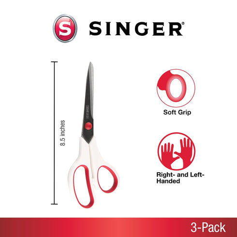 SINGER 00445 8-1/2-Inch, 3-Pack Fabric Scissors with Comfort Grip, Red & White, 3 Count...