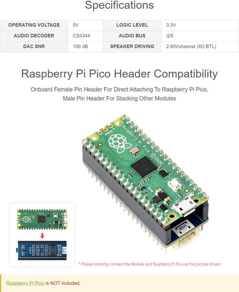 Waveshare Audio Expansion Module for Raspberry Pi Pico Wide Range Audio Sampling Rate Headphone and Speaker Signal Output at The Same Time...