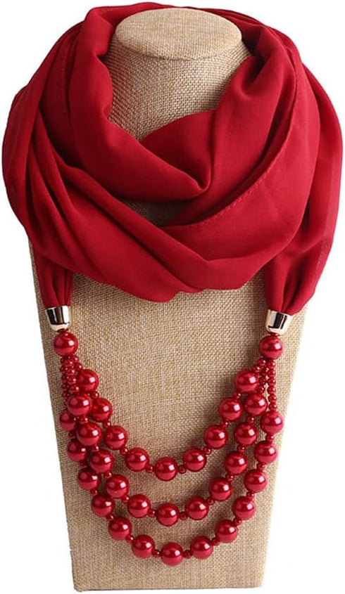 Vintage Chiffon Scarf For Women Imitation Pearls Pendant With Necklace Soft Winter Neck Wrap Infinity Scarves...