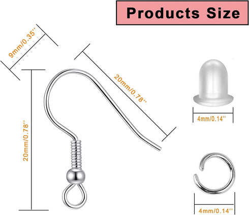 Hypoallergenic Earring Hooks,300 PCS Earring Making Kit, Silver Earring Hooks for Jewelry Making(100 Earring Fish Hooks,100 Earring Backs Rubber,1...