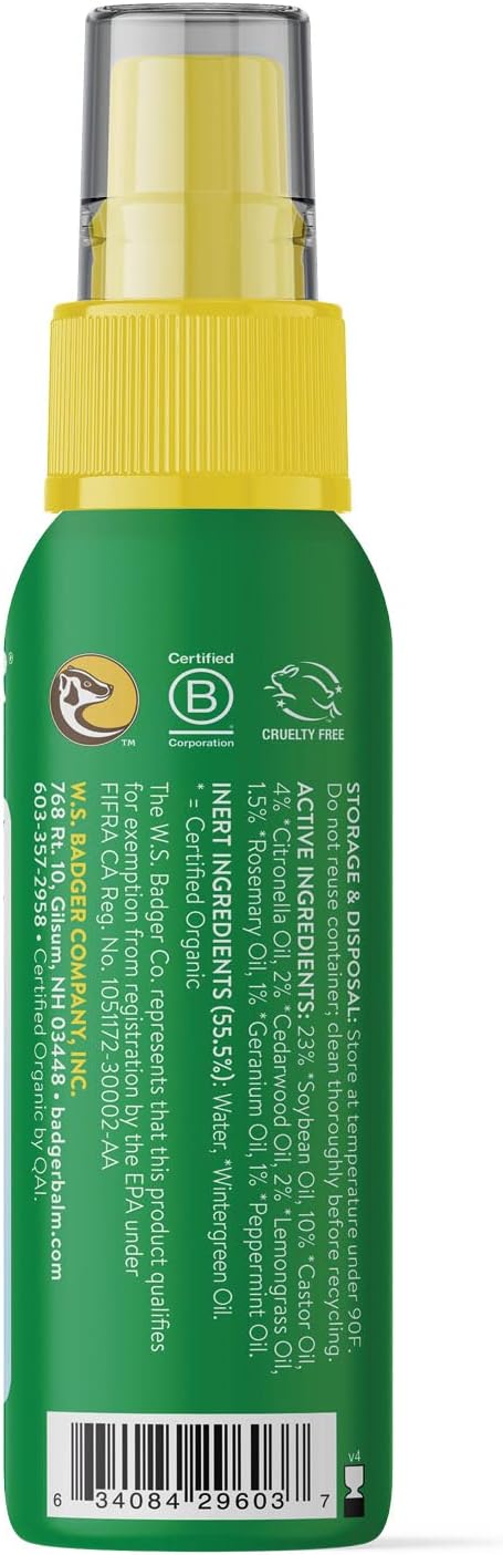 Badger Bug Spray, Travel Size Bug Spray, Organic Deet Free Mosquito Repellent Spray for Body with Citronella and Lemongrass, 2.7 fl oz...