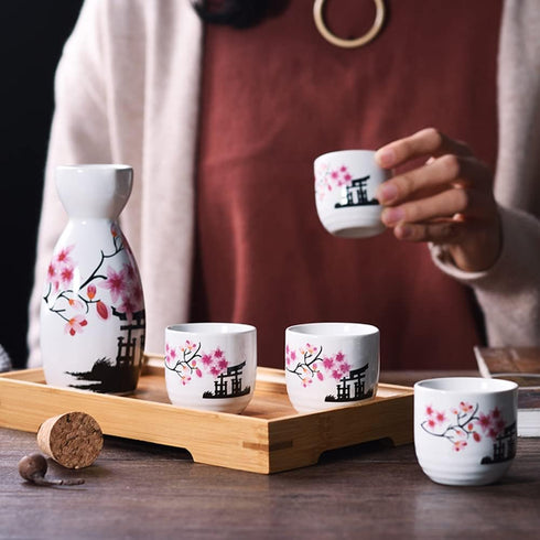 Old Craftsmen's 5 Pcs Japanese Sake Set 200ml Sake Bottle and 50ml Sake Cup Set Traditional Hand Painted Design Porcelain Pottery Ceramic Soju Cup...