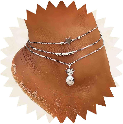 Boho Layered Star Anklet Bracelet Cz Pineapple Anklet Chain Gold Beaded Ankle Bracelets Beach Star Foot Chain Jewelry for Women...