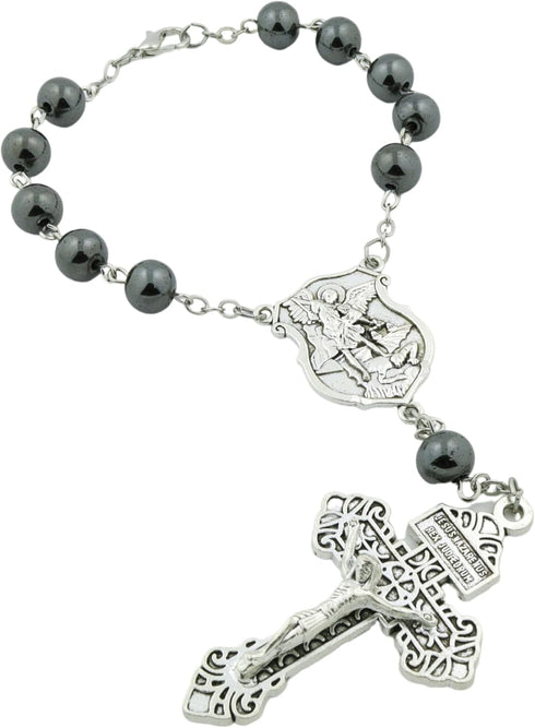 Needzo St. Michael Dark Gray Auto Rosary, Religious Car Accessories for Rearview Mirror, Catholic Gifts for Police Officers or Firefighters, 8 ½ I...