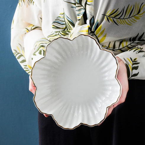 Porcelain Serving Dish,Ceramics Flower Relish Tray with Metallic Rim,Serving Bowls for Wedding,Party Perfect for Small Cereal, Pasta, Salad, Candy...