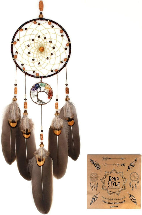 Urdeoms Tree of Life Dream Catchers for Bedroom Adult Brown Boho Dream Catcher Wall Decor for Girls Chakra Crystal Healing Stones Hanging Ornament...
