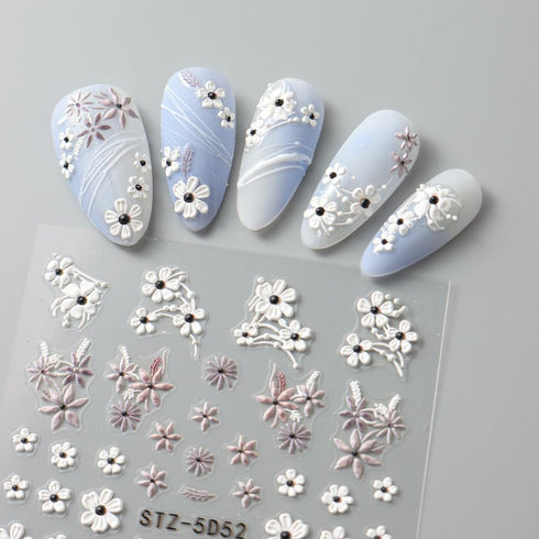 Flower Nail Art Stickers Summer Daisy Flower Nail Decals for Nail Art Decorations 4PCS Small Floral Five-petaled Design 5D Acrylic Engraved Nail S...