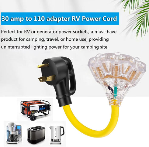 30 Amp to 20 Amp 110 V RV Plug Extension Adapter Cord, NEMA TT-30P Male to 3X 5-15R/ 5-20R T-Blade Household Outlet, with LED Power Indicator, 1FT...