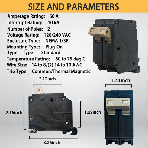 2-Pole 60 Amp Circuit Breaker, Type 3/4-Inch Plug-On Molded Case Circuit Breaker, Thermal Magnetic Protection, 10 KAIC, 120/240V, Fit for Cutler H...