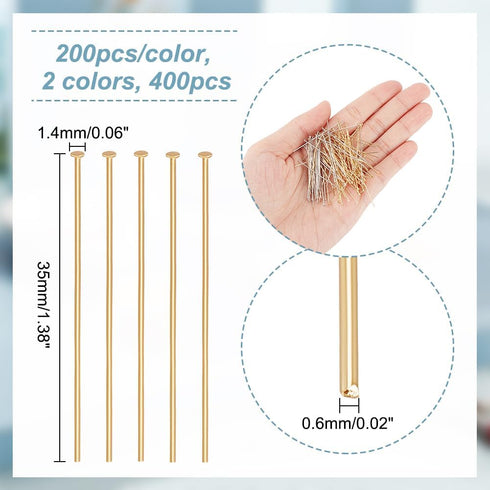PH PandaHall 400pcs Head Pins, 304 Stainless Steel Flat Head Pins 35mm(1.3 Inch) Jewelry Making Pins 23 Guage Beading Pin for DIY Charm Earring Br...