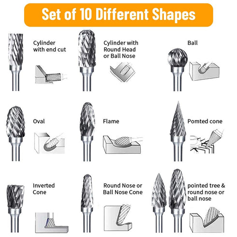 Double Cut Tungsten Carbide Carving Bits for Rotary Tool, 10 Pcs Rotary Burr Set with 1/8 inch Shank and 1/4 inch Grinding Head for DIY, Woodworki...