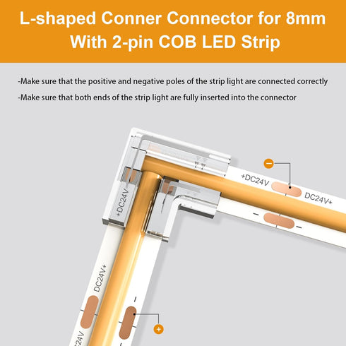 20pcs COB LED Light Strip Connectors 8mm 2Pin,Strip to Strip L-Shaped/Corner Connector LED Tape Light Connectors, Transparent Solderless Gapless N...