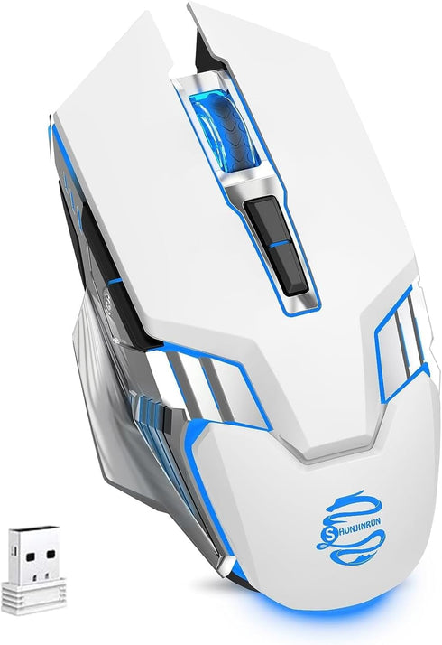 White Bluetooth Mouse, Rechargeable USB Wireless and BT5.0/3.0 Dual Mode Mouse with RGB Light, Side Buttons, 2400 DPI, Ergonomic Cordless Computer...