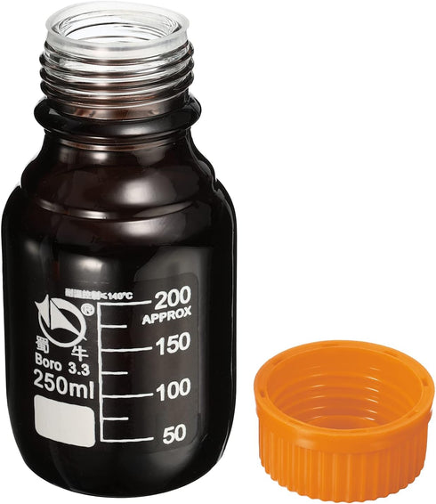 PATIKIL 250mL Reagent Media Bottle, 1Pcs Round 3.3 Borosilicate Glass Graduated Storage Bottle with Yellow Screw Cap for Chemistry Lab Universitie...
