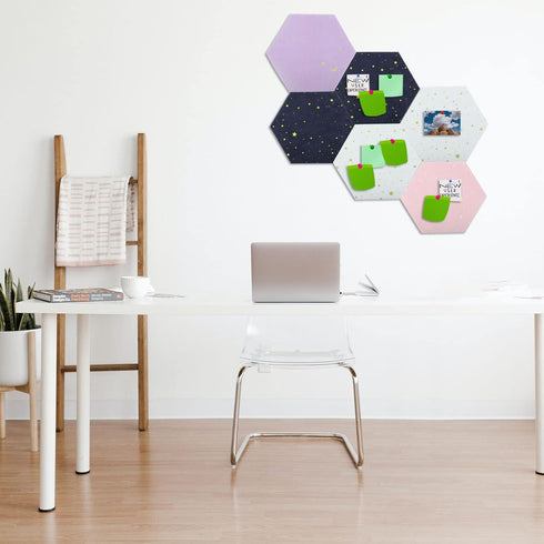PATIKIL Hexagon Felt Board Tiles, 4 Pack Self Adhesive Mini Moon Wall Pin Bulletin Board with Push Pins for Photos Memos Home Office Decor, Pink...