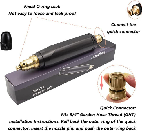 Fusenliang Garden Hose Nozzle Sprayer, Metal High Pressure Leak-proof Water Hose Nozzle with 3 Adjustable Spray Patterns, for Car&Pet Washing, Gar...