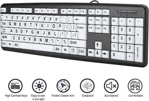 Luqeeg Large Print Computer Keyboard, USB Wired Keyboard, Standard 104 Keys Black White High Contrast Keyboard with White Large Print Keys, Low Vi...