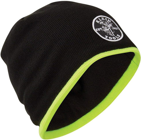 Klein Tools 60391 Knit Beanie, Thermal Fleece Winter Hat, Windproof, Fits under Helmets, Black with High-Visibility Yellow Band Trim...