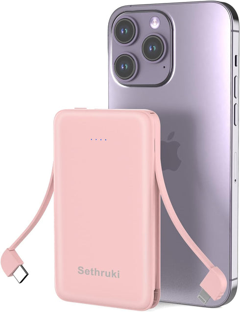 Smallest Portable Charger with Built-in Cables 6000mAh,Ultra Slim Power Bank,Mini High Speed External Battery Packs,Lightweight USB C Phone Charge...