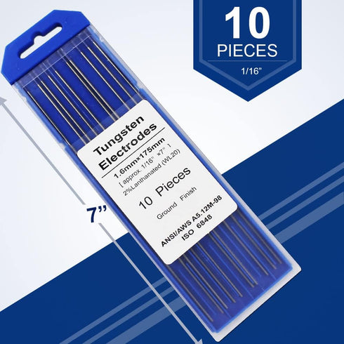 TIG Welding Tungsten Electrodes 2% Lanthanated 1/16" x 7" 10-Pack (Blue, WL20)...