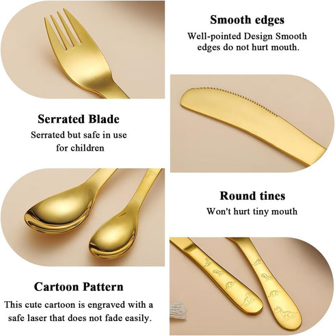 Gold Toddler Utensils, Gold Titanium Coated 4 Pieces Stainless Steel Toddler silverware set, Kids Utensils Forks and Spoons, Mirror Polished Smoot...