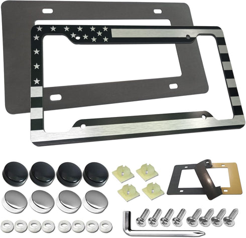 AOOTF American Flag License Plate Frame - USA Aluminum Metal License Plate Cover Auto Car Truck Tag Holder Thin Blue Line Black and White Stripes ...