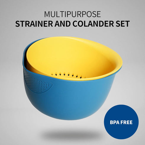 BLUE GINKGO Rice Strainer and Kitchen Colander Set - Strain Rice, Quinoa and Small Grains - Soak, Wash and Drain Vegetables and Fruit - (4 Quart B...