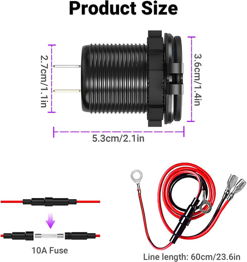 56W USB C Car Charger Socket, Ouffun Aluminum Metal 12V/24V Multiple USB Outlet PD 20W USB-C and Dual QC3.0 Ports with Power Switch USB Port 12V S...