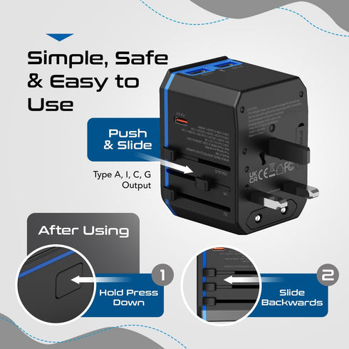 Ceptics Universal Travel Plug Adapter - Powerful 33W with PD & QC 3.0 USB-C Fast Charging - 2 USB Ports Wall Charger Type I C G A Outlets 110V 220...