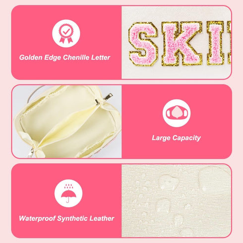 Large Capacity Travel Cosmetic Bag, Synthetic Leather Open Flat Makeup Bag for Women Letter Toiletry Bag with Dividers and Handle...