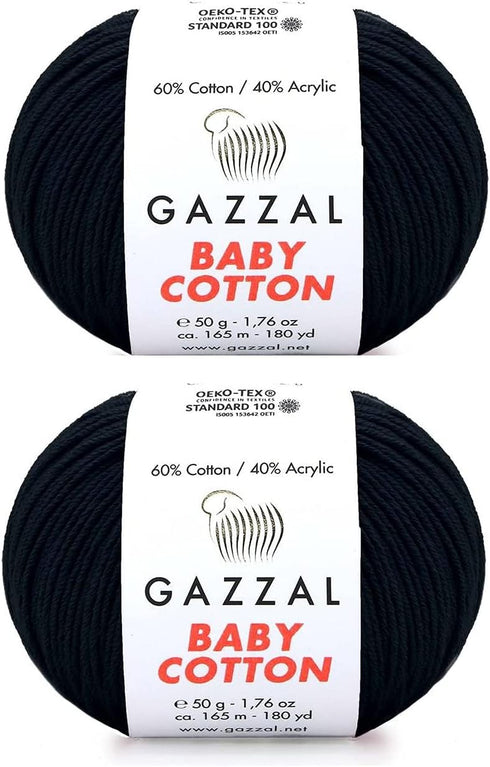 Gazzal Baby Cotton Yarn,60% Cotton 40% Acrylic 2 Ball (Skein) Each 1.76 Oz (50g) / 150 Yrds (165m) Soft, 2 - Fine Baby Yarn (3433 Black)...