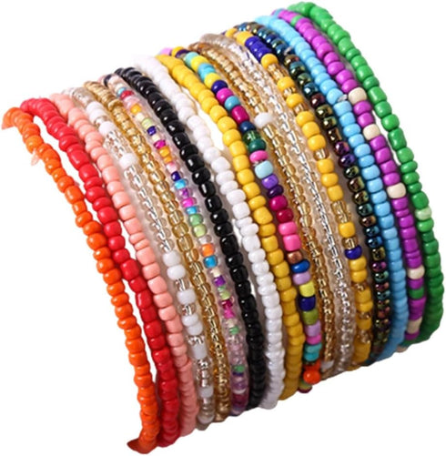 17pcs Bohemian Stackable Multilayer Elastic Bracelets - Handmade Seed Beaded Jewelry for Women & Girls...