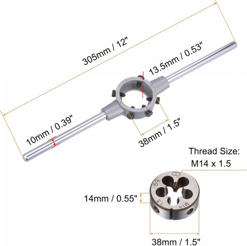 uxcell Die Stock Handle Wrench Set, M14 x 1.5 Threading Round Die and 38mm (Fit M12-M16 Dies) Holder Adjustable Wrench Hand Tool...