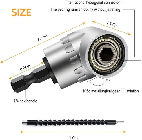 Flexible Drill Bit Extension, Includes 105° Right Angle Drill, Bendable, 3pcs 1/4 3/8 1/2" Universal Socket Adapter Set, 3pcs Drill Bit Holder, Sc...