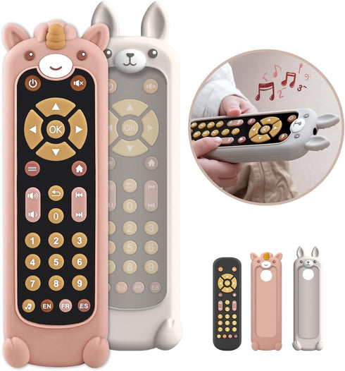 Nueplay Baby TV Remote Control Toy with Silicone Teether Cover, Toddler Realistic Controller, Early Number Learning in 3 Languages (English, Spani...