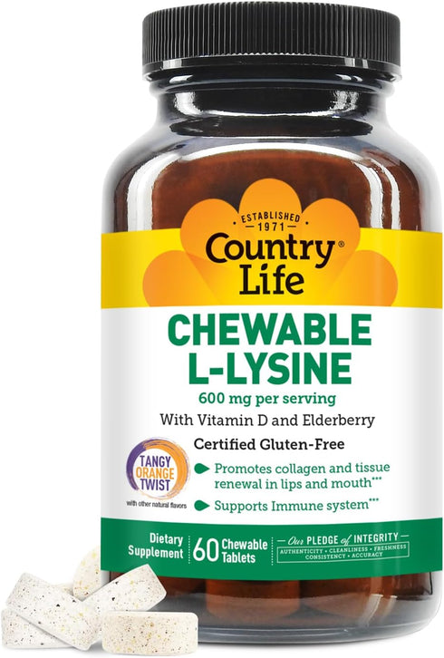 Country Life Chewable L-Lysine Supplement with Vitamin D and Elderberry, Immune Support and Collagen Renewal for Skin Tissue, Ideal for Adults...