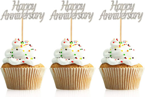 48 Pcs Silver Happy Anniversary Cupcake Toppers Picks for Anniversary Party Cake Decorations...
