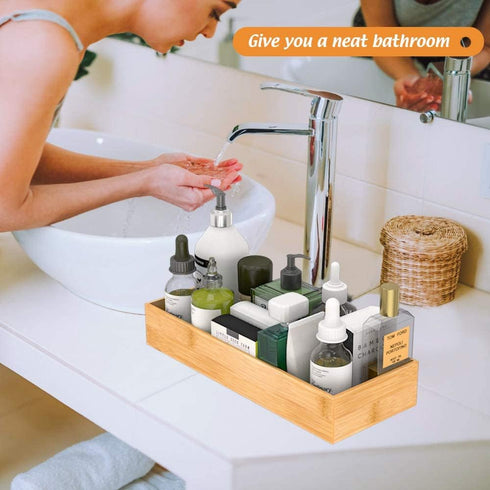 Bathroom Vanity Tray Organizer Bamboo, Small Wood Tray for Bathroom Counter Kicthen Drawer, Rectangular Toilet Paper Storage Basket Box, Guest Sin...
