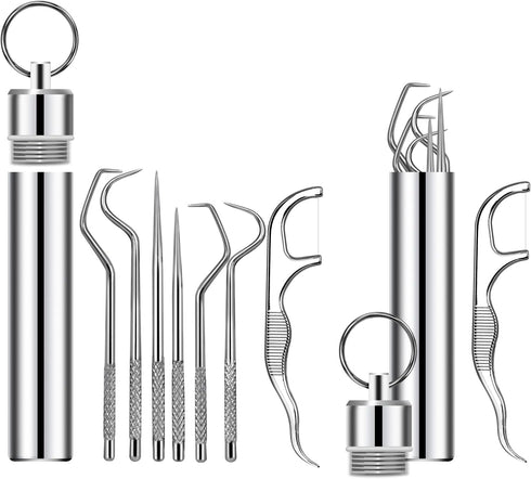 7Pcs 2 Set Portable Stainless Steel Toothpicks Pocket Set, Reusable Metal Toothpicks Cleaning Kit with Holder for Outdoor Picnic Camping Traveling...