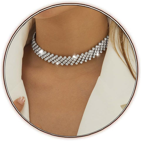 JEAIRTS Rhinestone Choker Necklace Silver Multi-Row Crystal Chokers Sparkly Rhinestone Neck Chain Party Prom Necklaces Jewelry for Women...