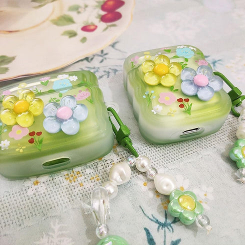 for AirPods Case with Cleaner Kit Cute 3D Curly Wave Frame Flowers Design Preppy Fashion with Keychain, Soft TPU Protective AirPods 2nd & 1st Gene...